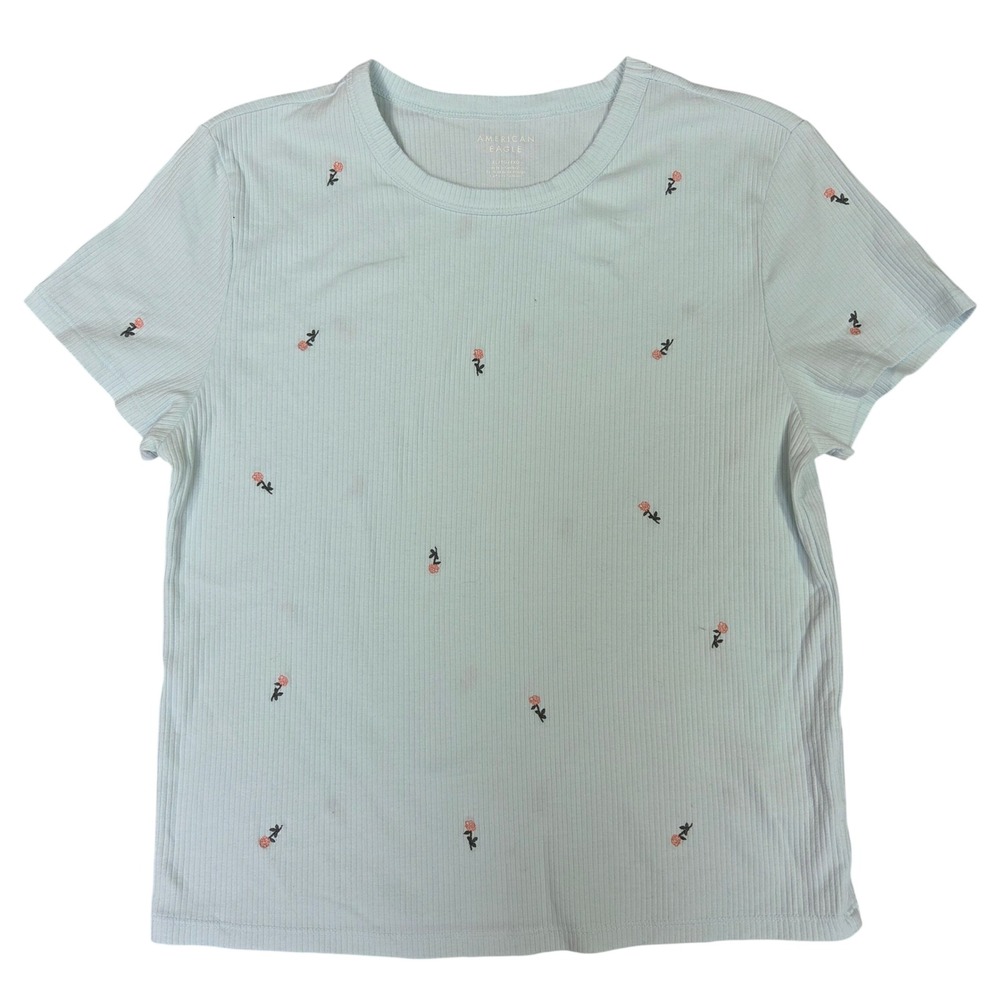 American Eagle Womens XL Aqua Blue Ribbed Embroidered Rose Floral T-Shirt
